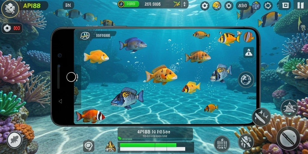 Tangkapan layar menunjukkan aksi seru dalam permainan Tembak Ikan.