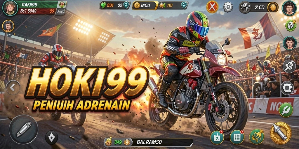 Screenshot HOKI99 menampilkan momen balapan yang mendebarkan dengan motor dan trek yang menantang.
