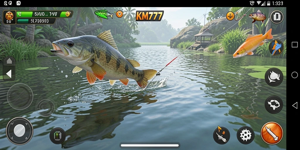 Screenshot gameplay KM777 menampilkan aktivitas menangkap ikan yang seru.