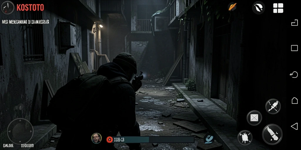 Screenshot gameplay KOSTOTO menampilkan suasana kelam yang menegangkan.