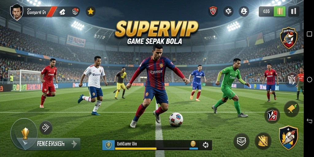 Screenshot gameplay SUPERVIP yang menampilkan aksi seru sepak bola.